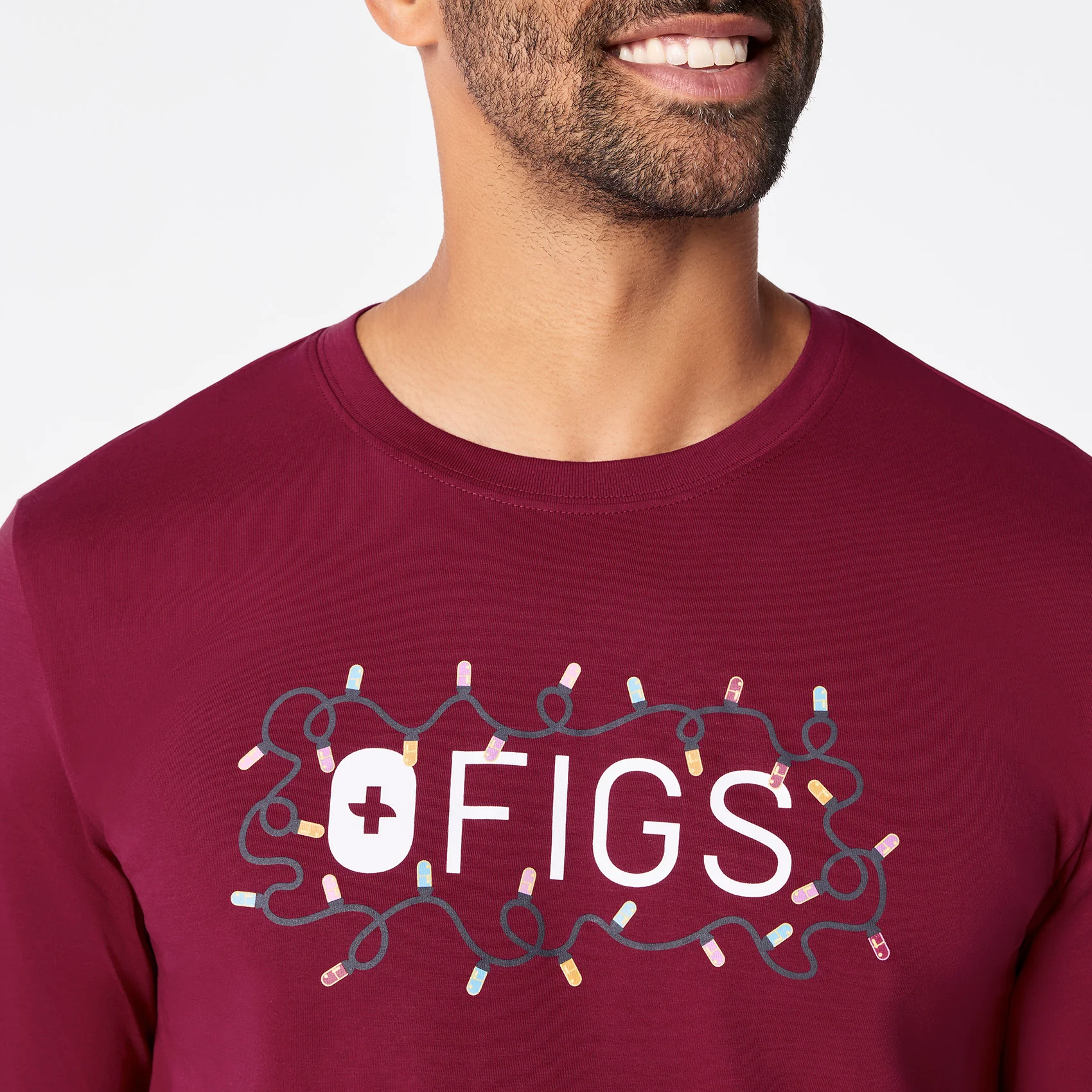 men's Deep Cranberry FIGS Logo Supersoft - Longsleeve Underscrub - Image 2