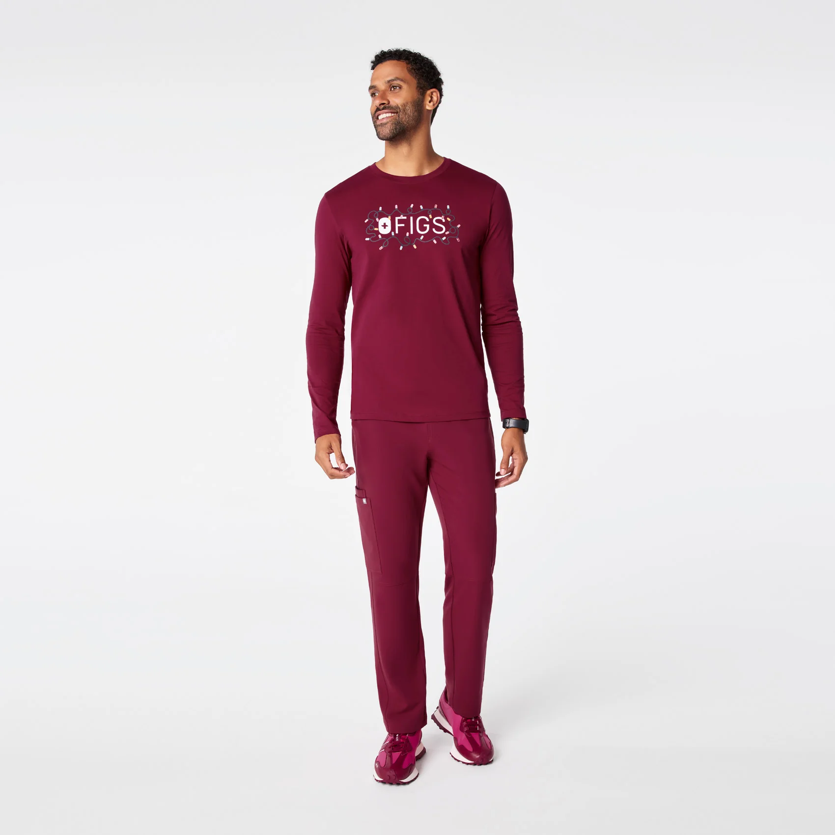 men's Deep Cranberry FIGS Logo Supersoft - Longsleeve Underscrub - Image 3