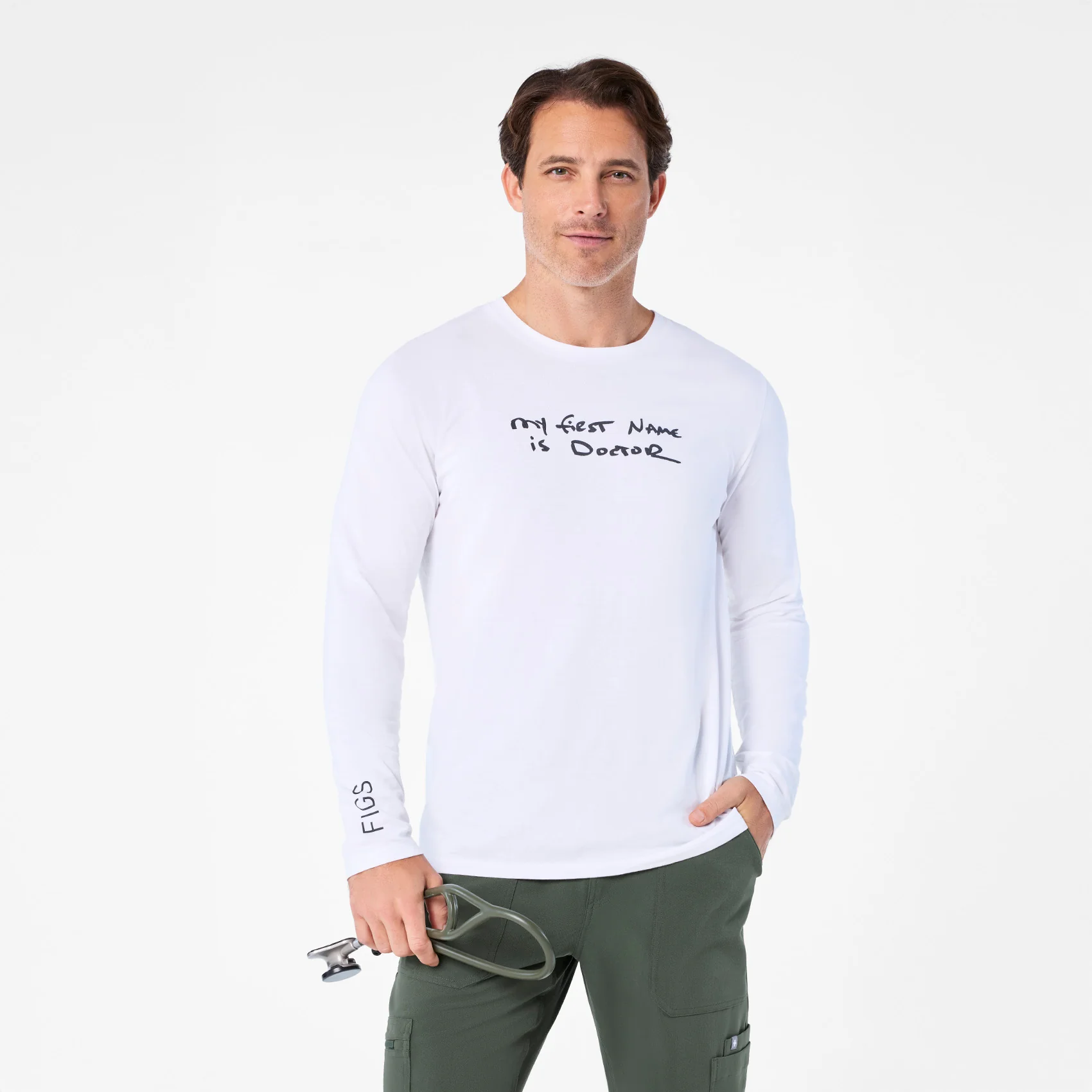 men's Optic White My First Name is Doctor Supersoft - Longsleeve Underscrub