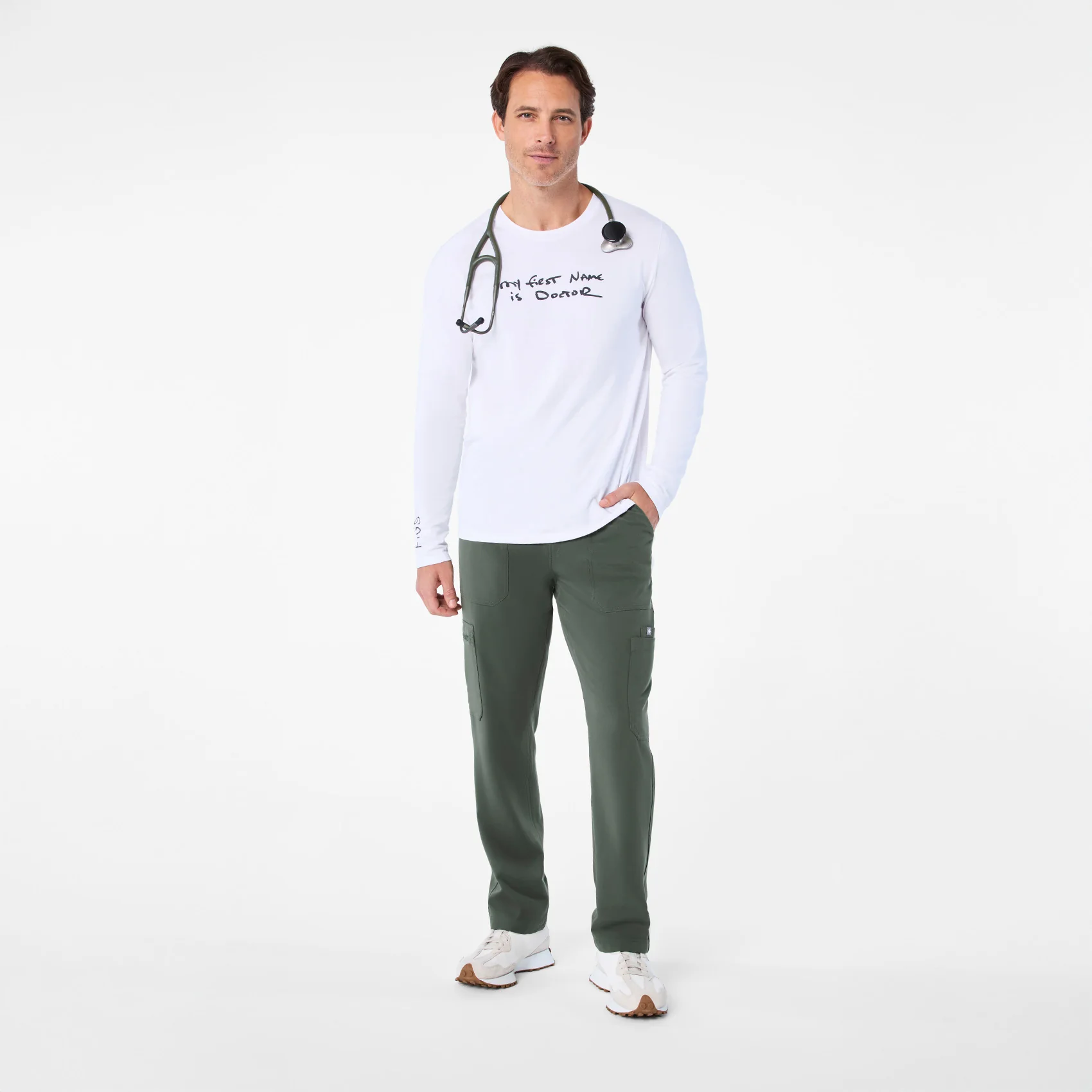 men's Optic White My First Name is Doctor Supersoft - Longsleeve Underscrub - Image 2