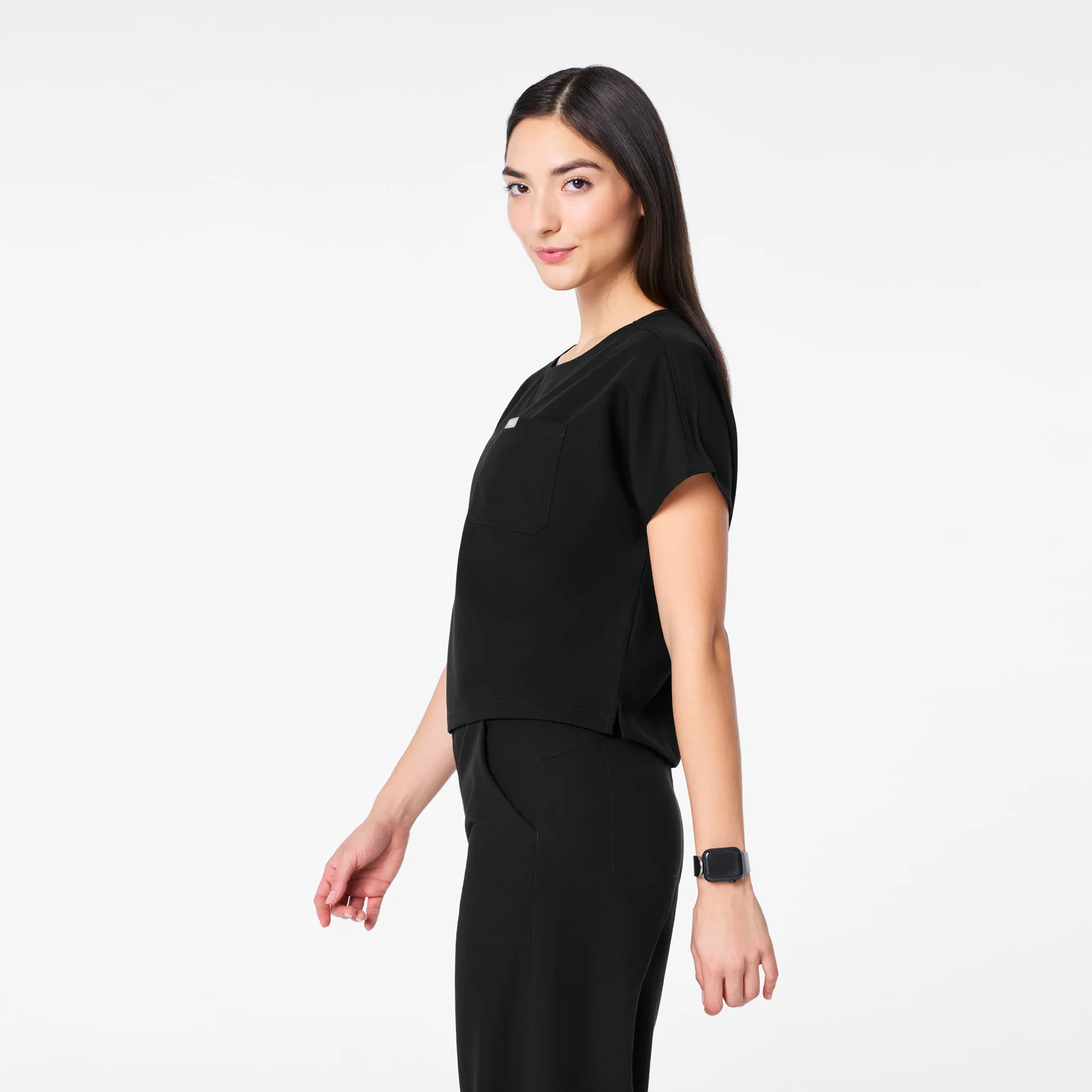 women's Black Arua Cropped Crewneck - One-Pocket Scrub Top - Image 3