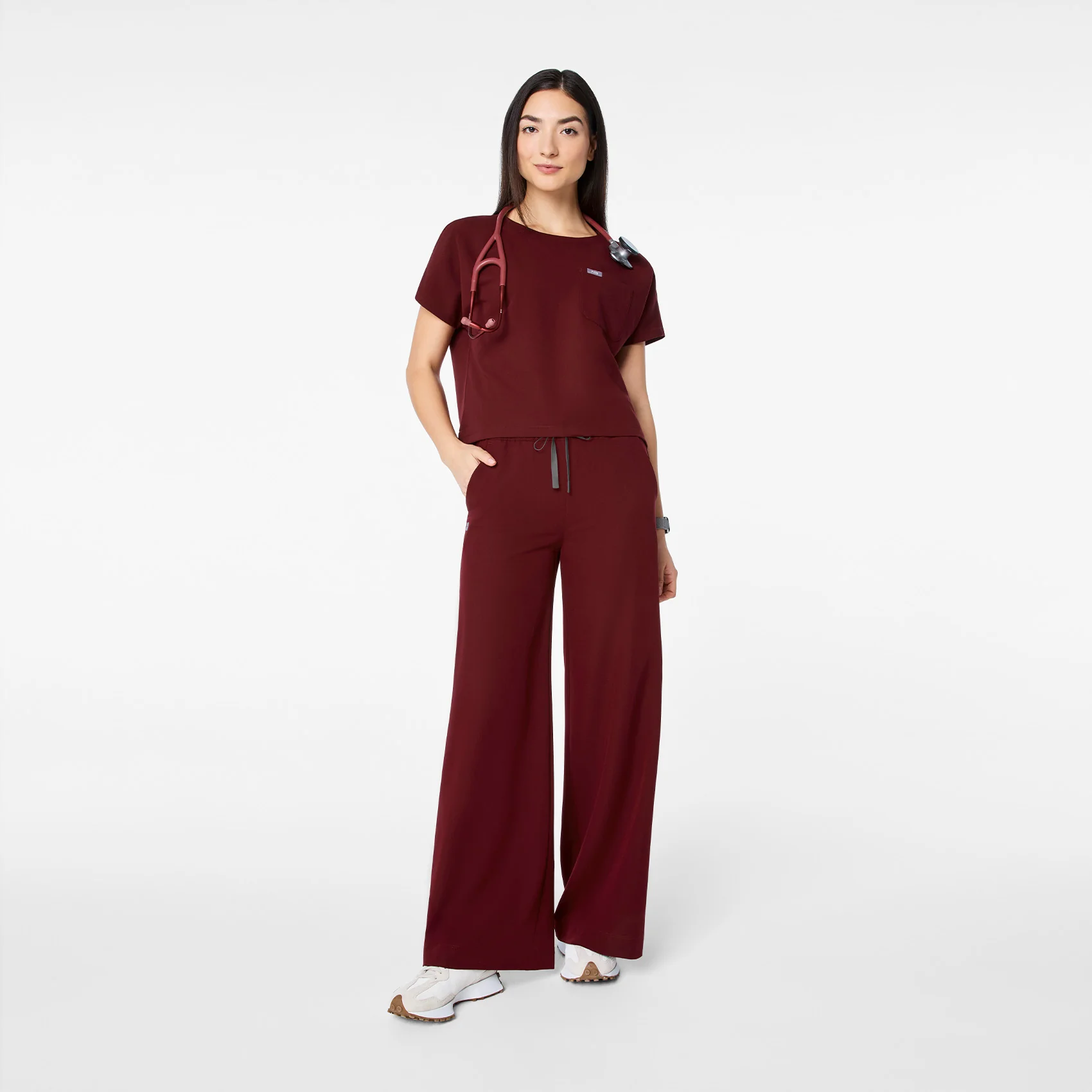 women's Burgundy Arua Cropped Crewneck - One-Pocket Scrub Top - Image 2