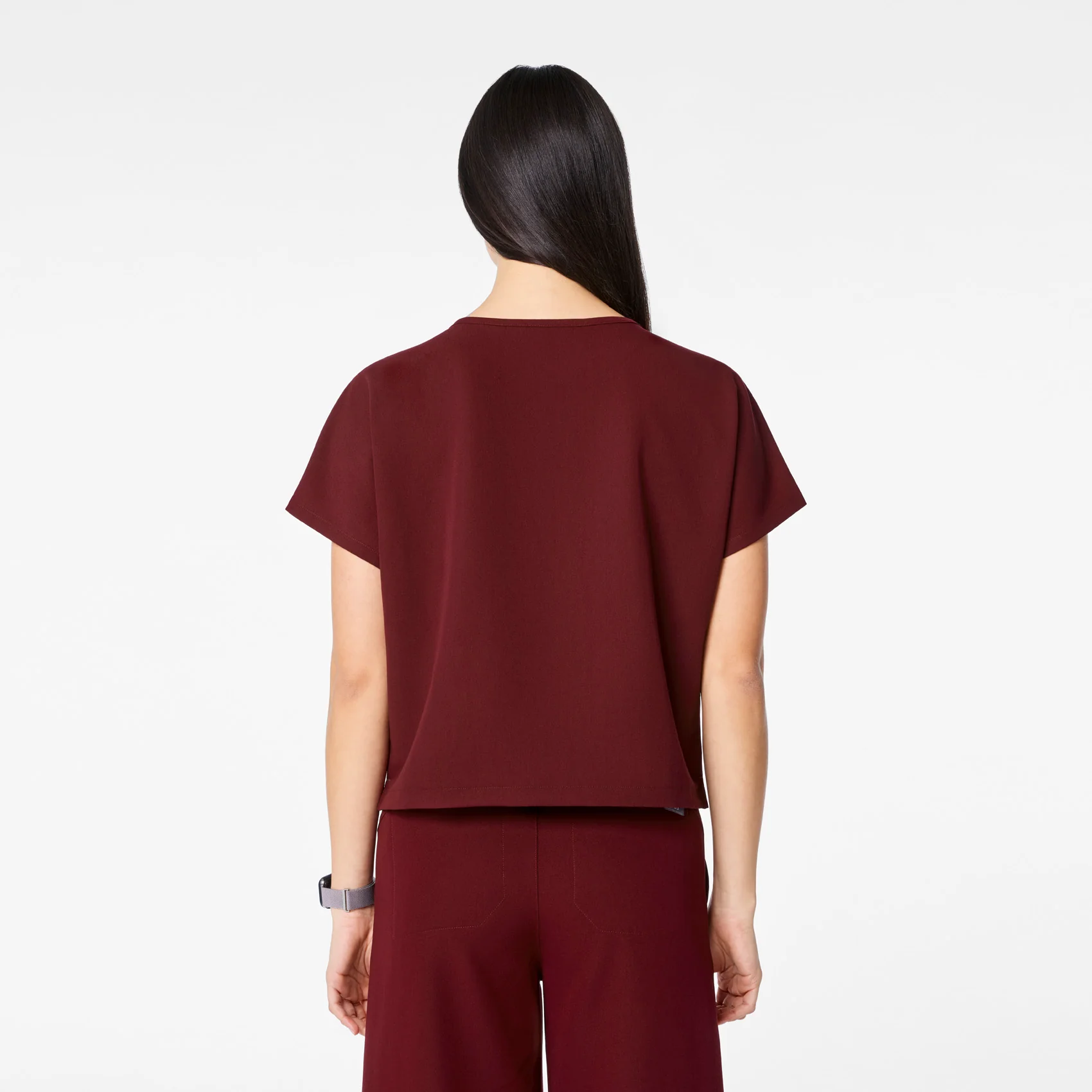 women's Burgundy Arua Cropped Crewneck - One-Pocket Scrub Top - Image 4