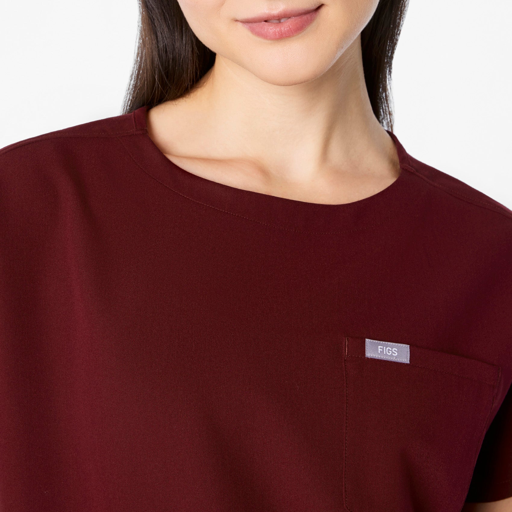 women's Burgundy Arua Cropped Crewneck - One-Pocket Scrub Top - Image 5
