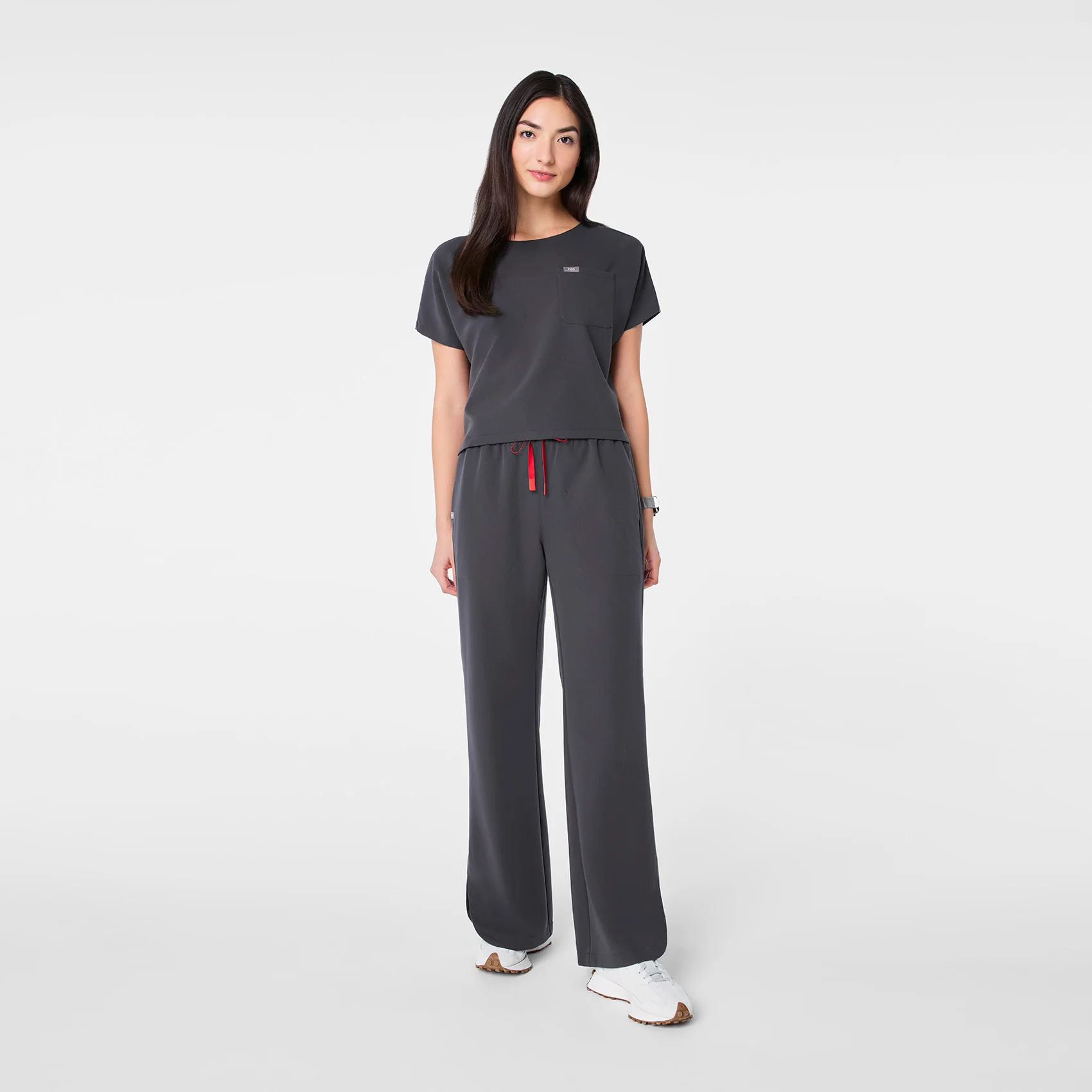 women's Charcoal Arua Cropped Crewneck - One-Pocket Scrub Top - Image 2