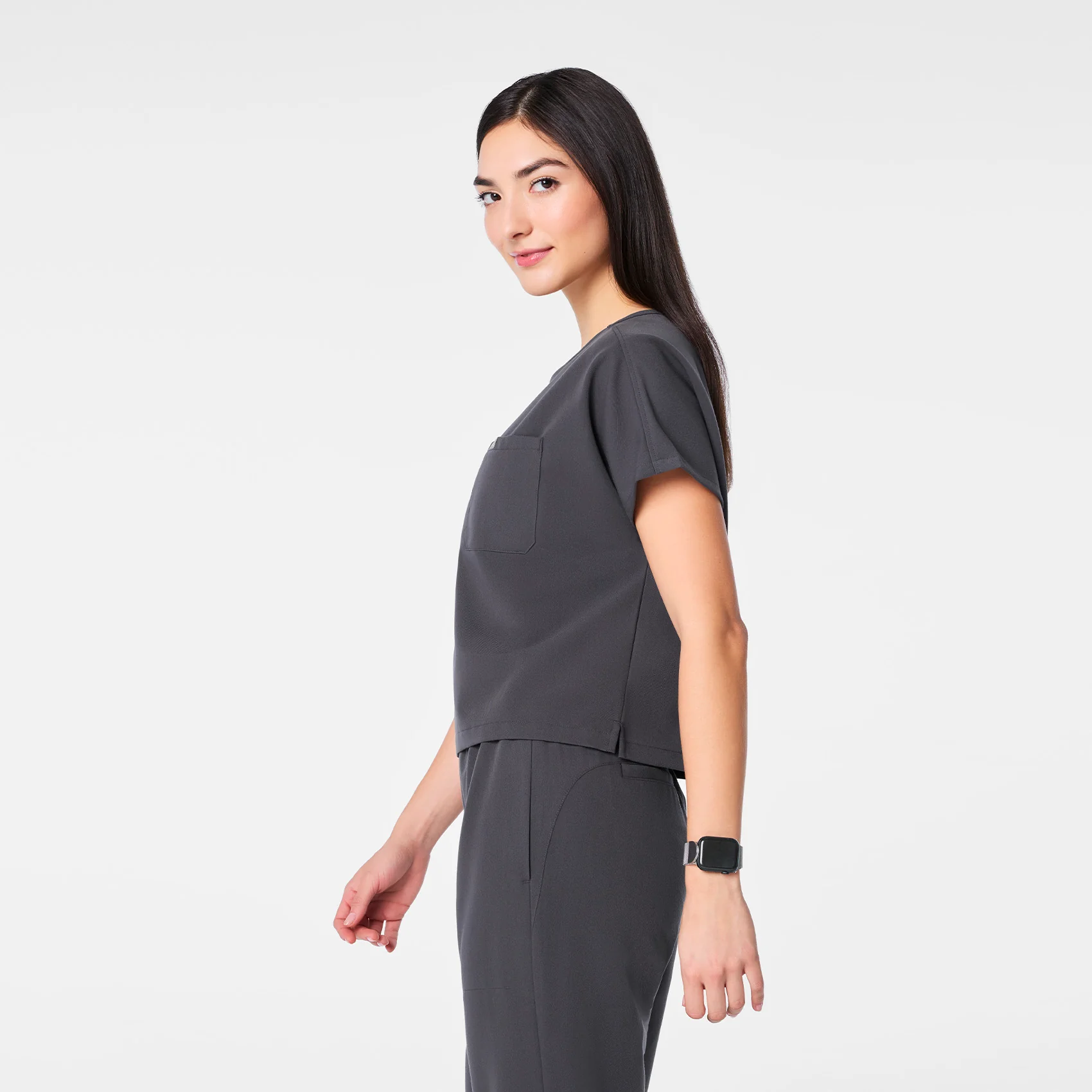 women's Charcoal Arua Cropped Crewneck - One-Pocket Scrub Top - Image 3
