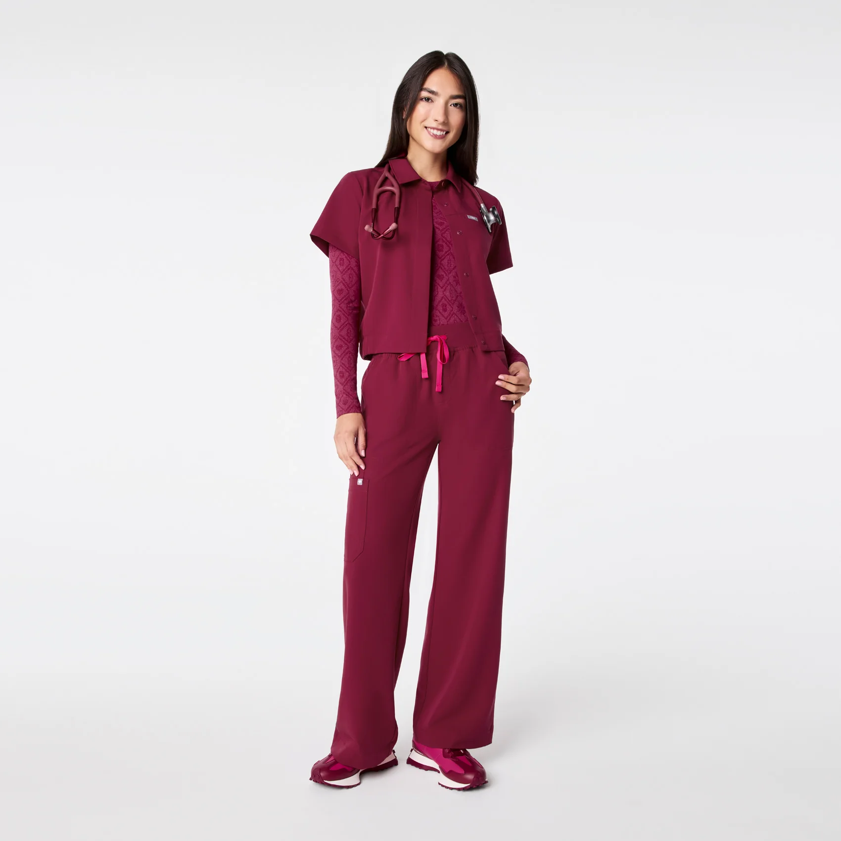 women's Deep Cranberry Campbell Collared - Scrub Top - Image 2