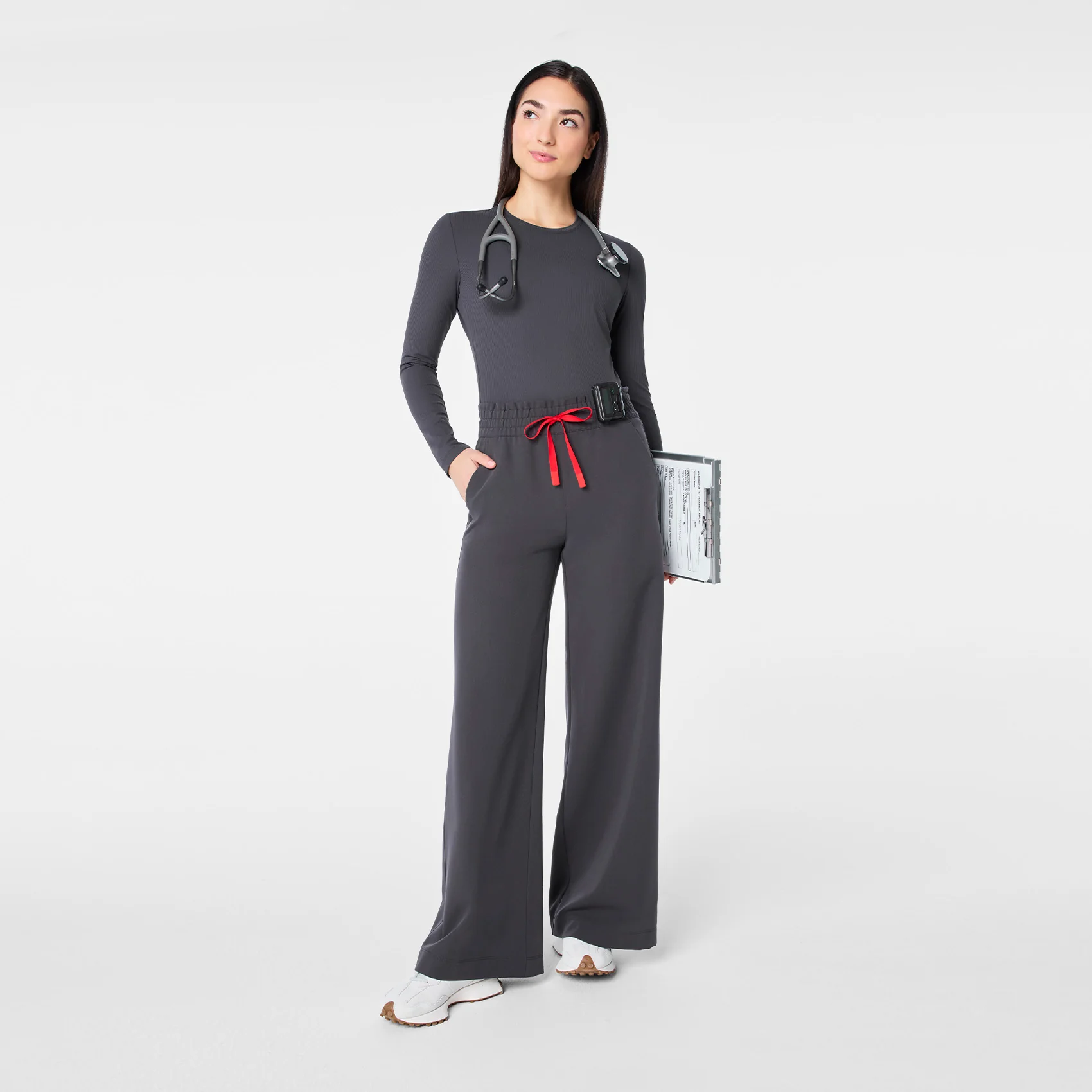 women's Charcoal High Waisted Allison Ultra Wide Leg - Scrub Pant - Image 2