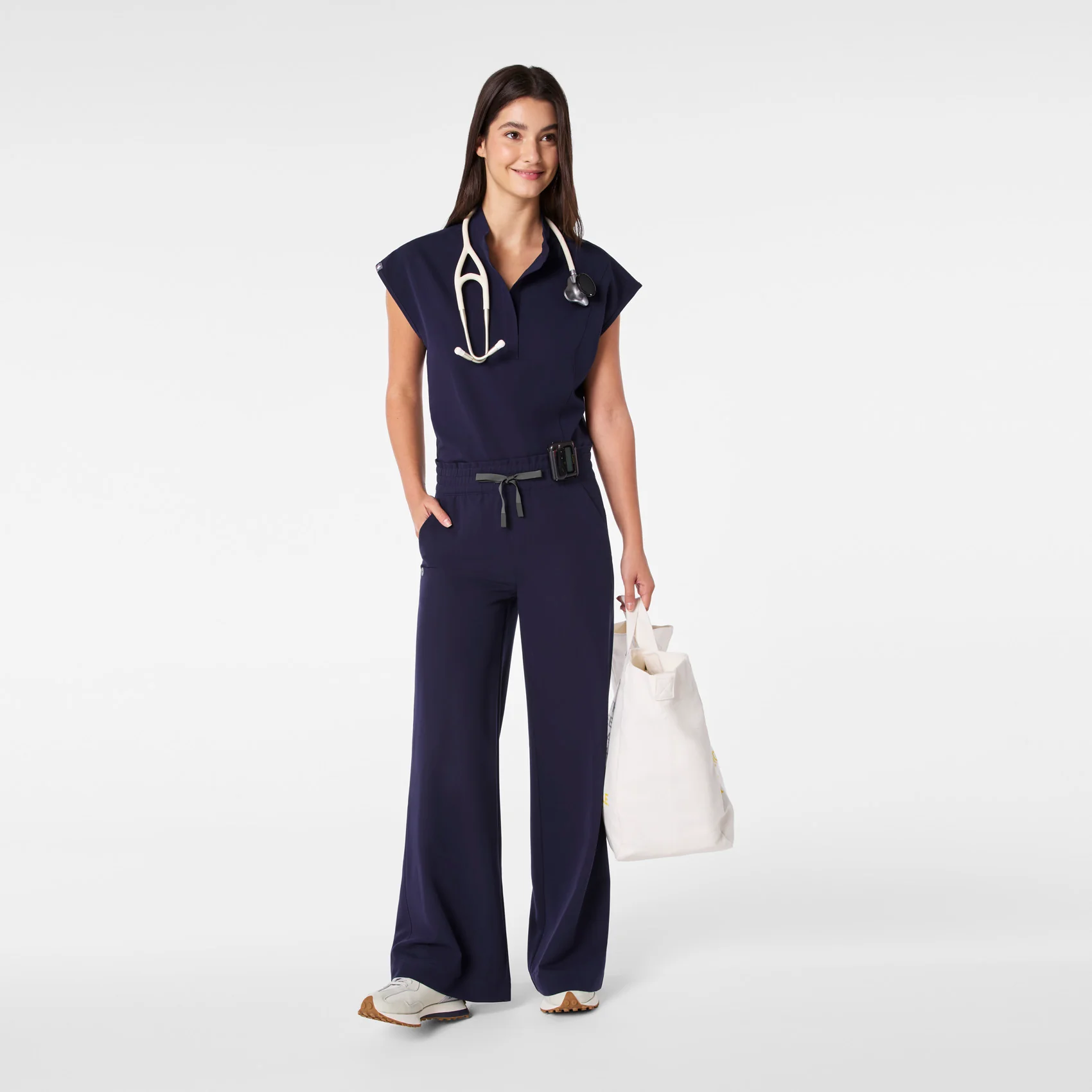 women's Navy High Waisted Allison Ultra Wide Leg - Petite Scrub Pant - Image 2
