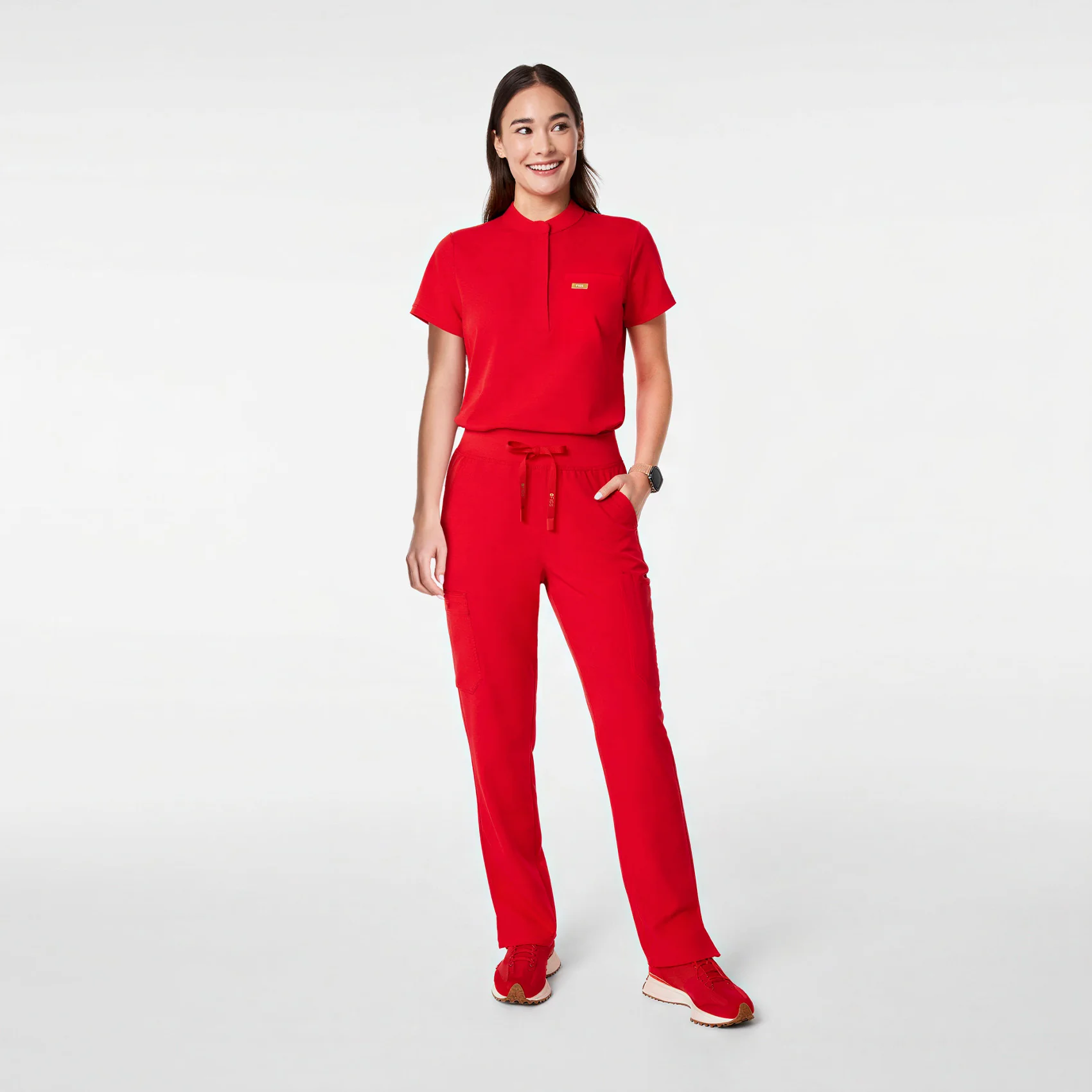 women's Lunar New Year Pop Red Montex - Mock Neck Scrub Top - Image 3