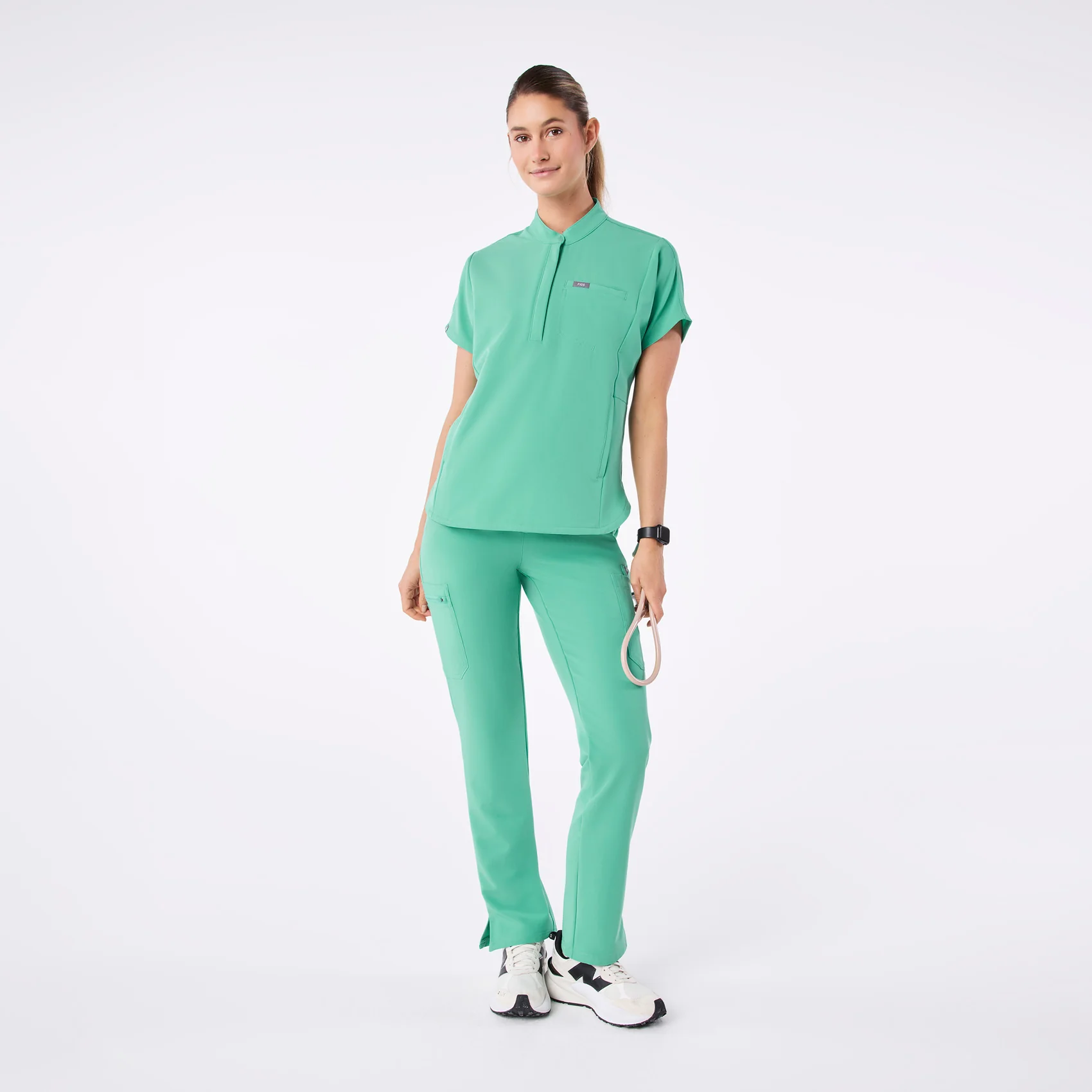 women's Surgical Green Montex - Mock Neck Scrub Top - Image 2