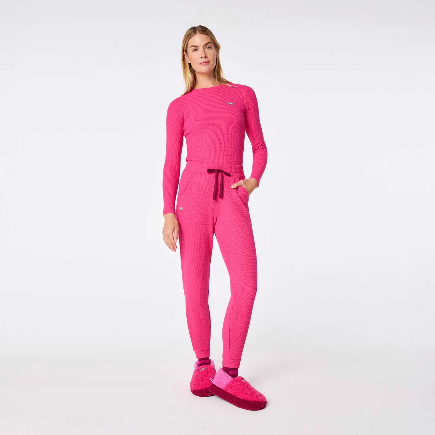 women's Shocking Pink Off-Shift High Waisted Waffle Jogger Sweatpant™ - Image 2