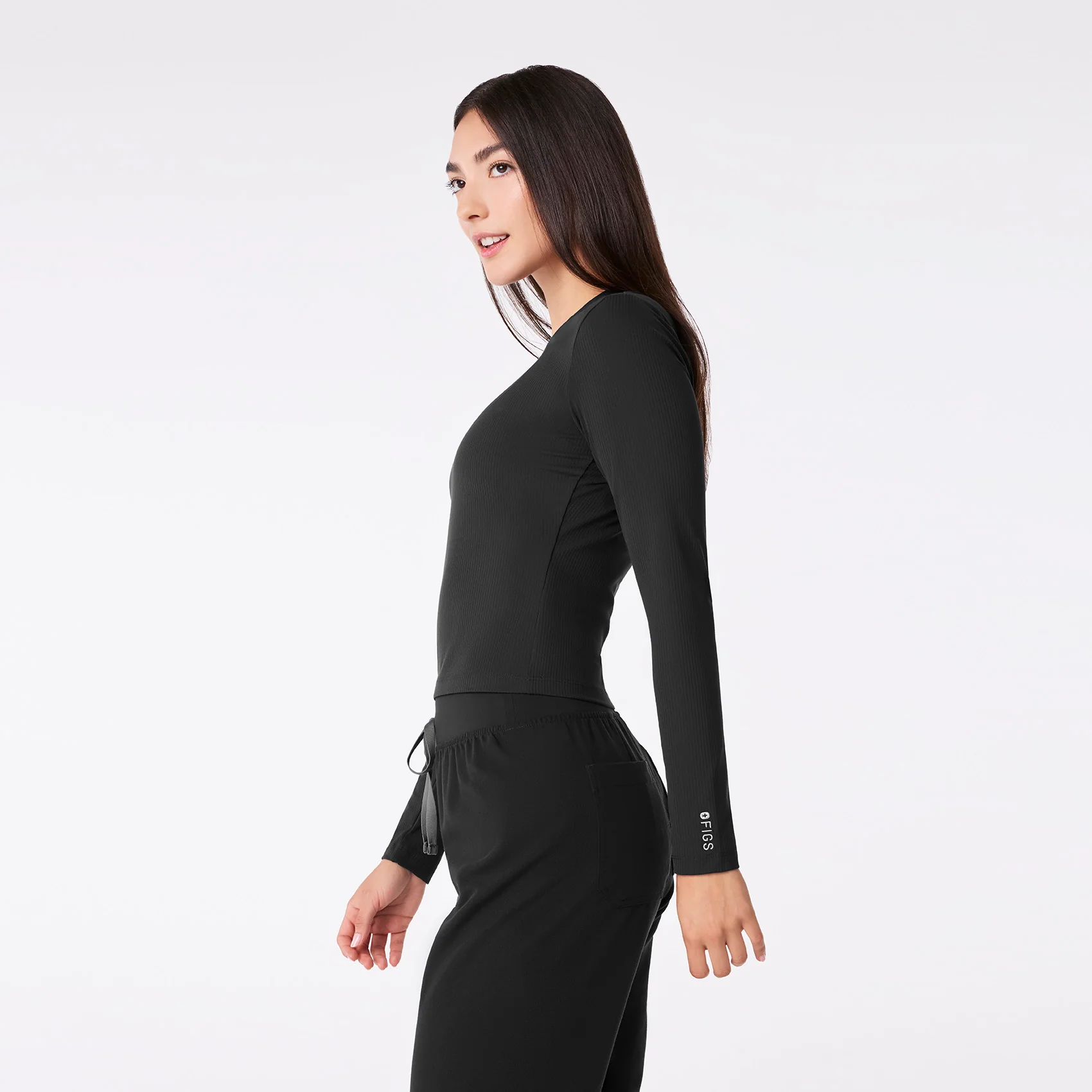 women's Black Ribbed Cropped - Longsleeve Underscrub - Image 4
