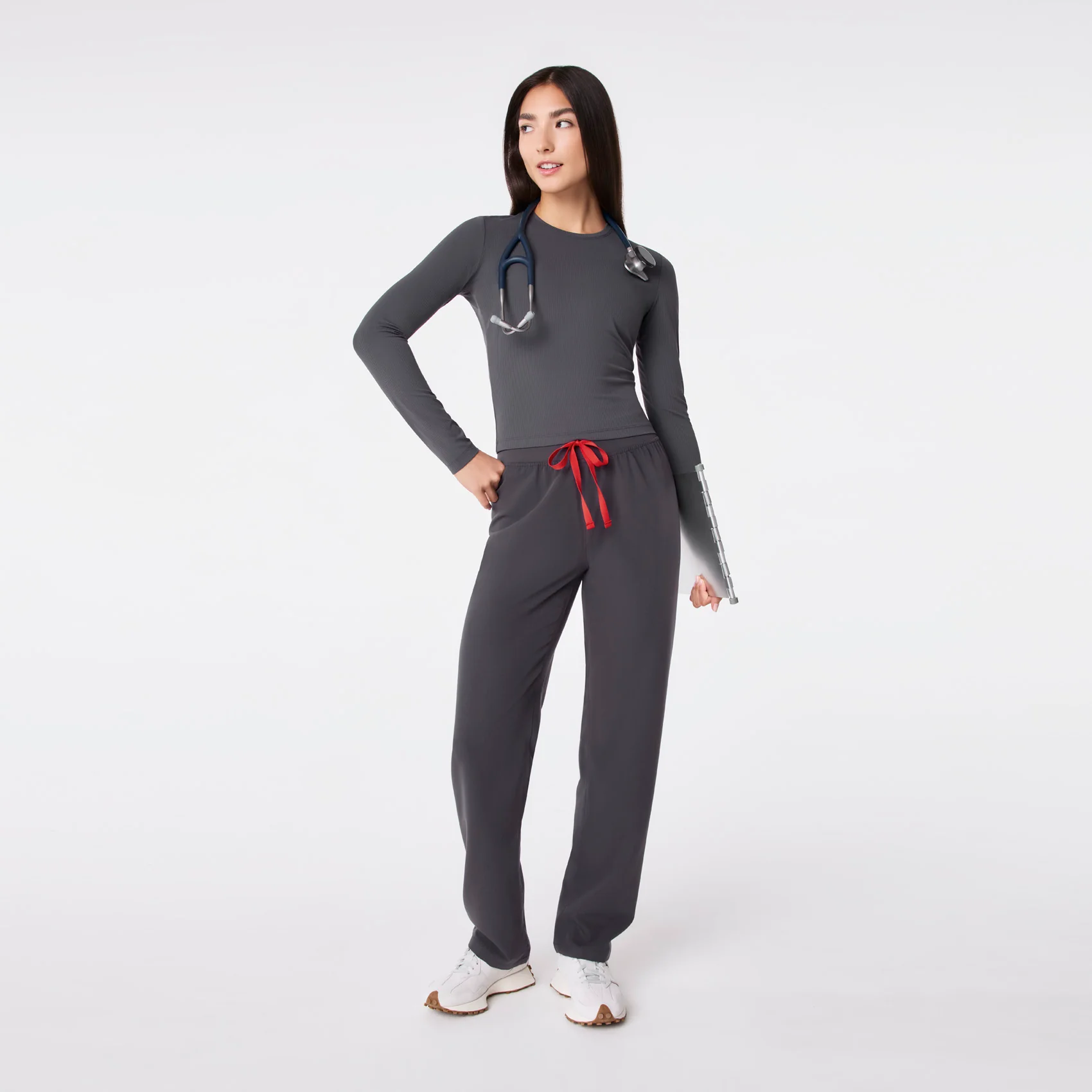 women's Charcoal Ribbed Cropped - Longsleeve Underscrub - Image 3