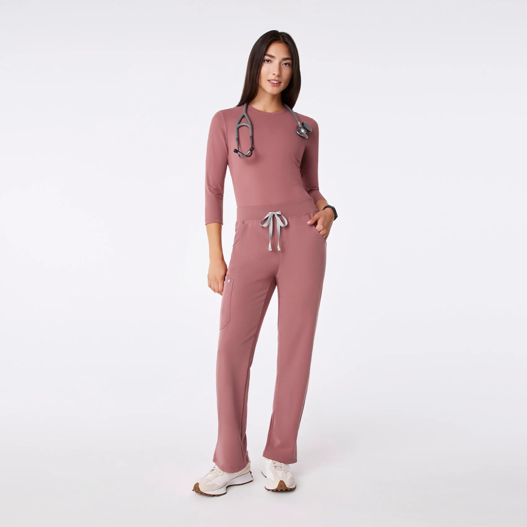 women's Mauve Ribbed - ¾ Sleeve Underscrub - Image 3