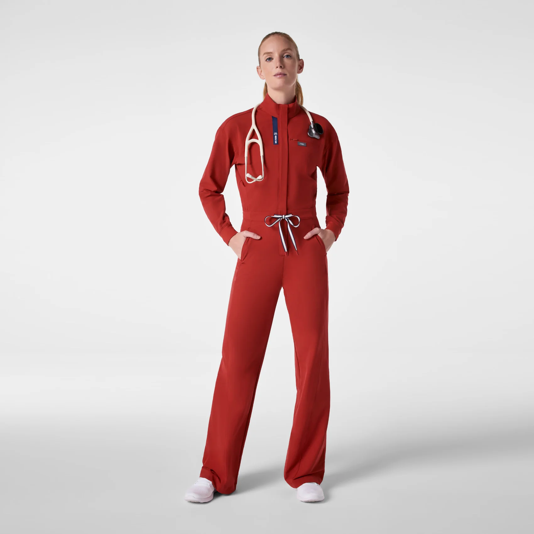 women's Team USA Red FIGS x Team USA FIBREx Mock Neck Wide Leg - Tall Longsleeve ScrubJumpsuit™