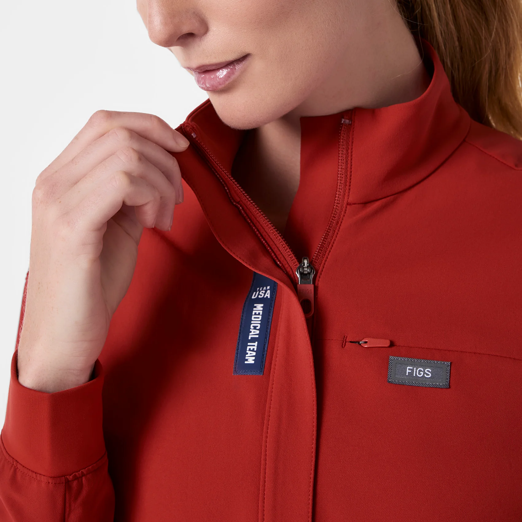 women's Team USA Red FIGS x Team USA FIBREx Mock Neck Wide Leg - Tall Longsleeve ScrubJumpsuit™ - Image 5