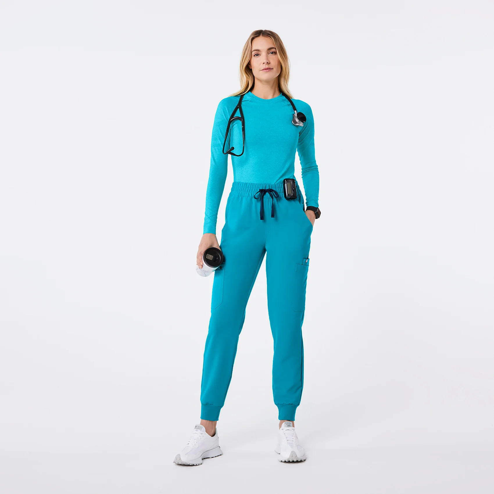 women's Teal High Waisted Uman Relaxed - Petite Jogger Scrub Pant - Image 2