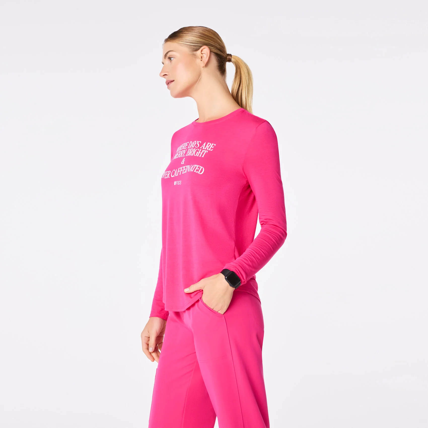 women's Shocking Pink Where Days Are Merry, Bright, and Overcaffeinated Supersoft - Longsleeve Underscrub - Image 4